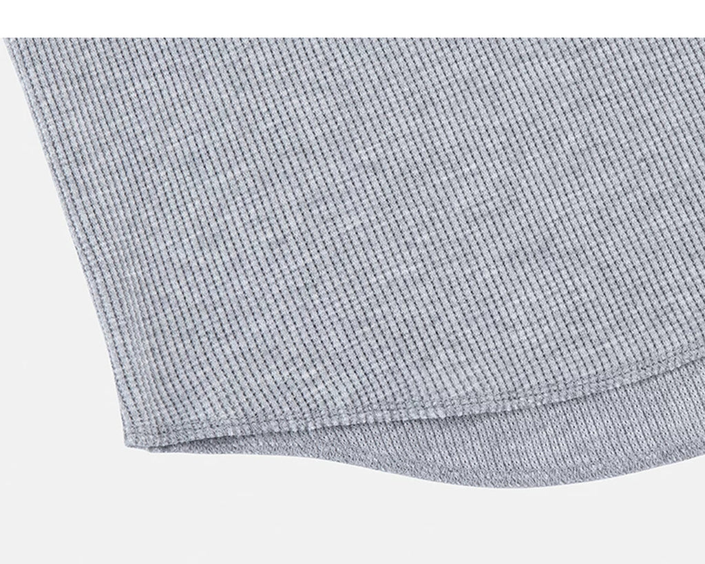IDLT waffle henley, heather gray curved hem.