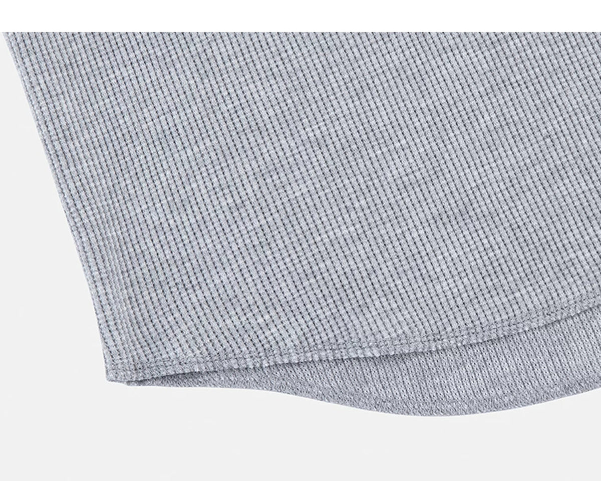 IDLT waffle henley, heather gray curved hem.