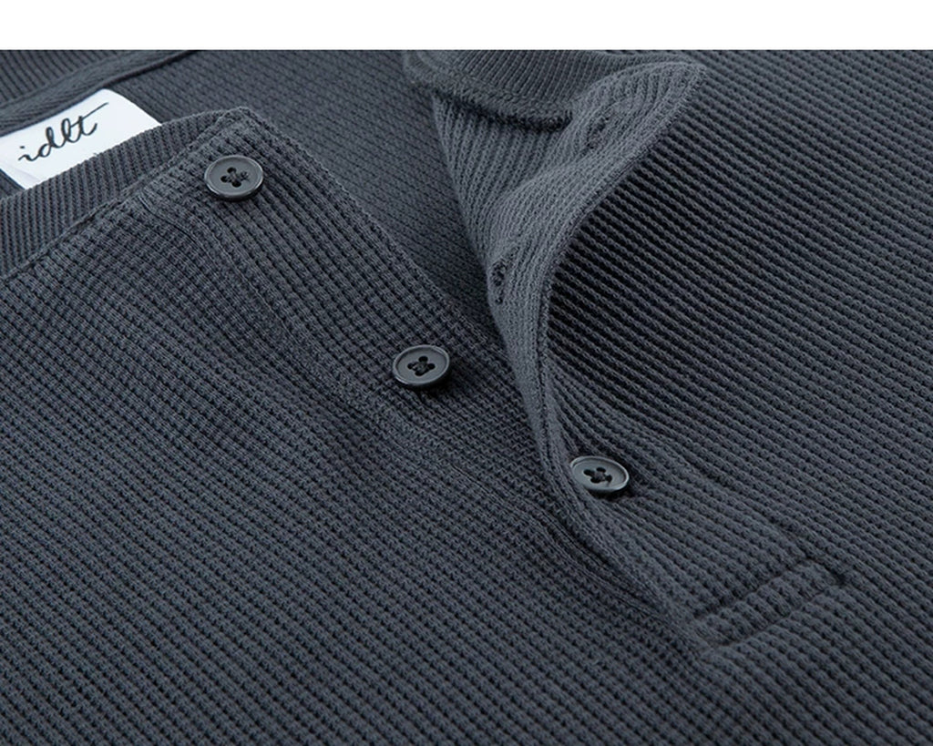 IDLT waffle henley, dark gray button placket.