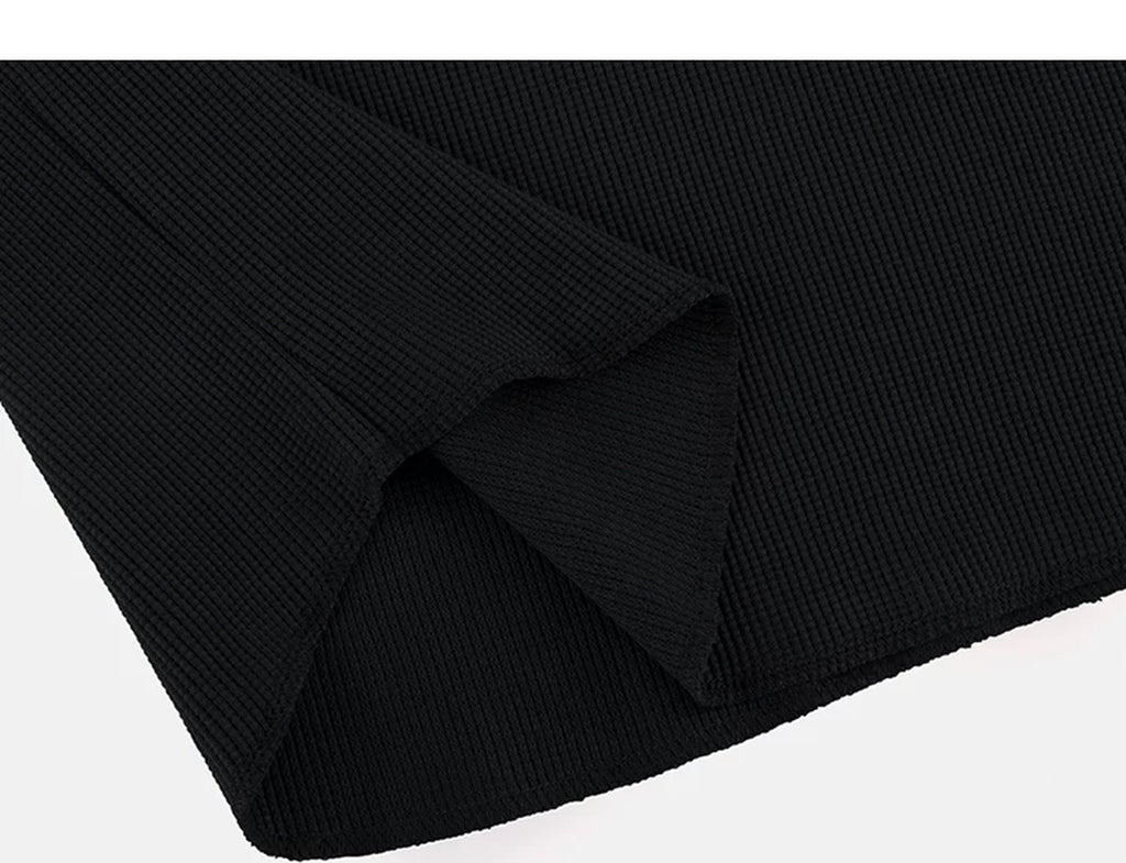 IDLT waffle henley, black folded hem.