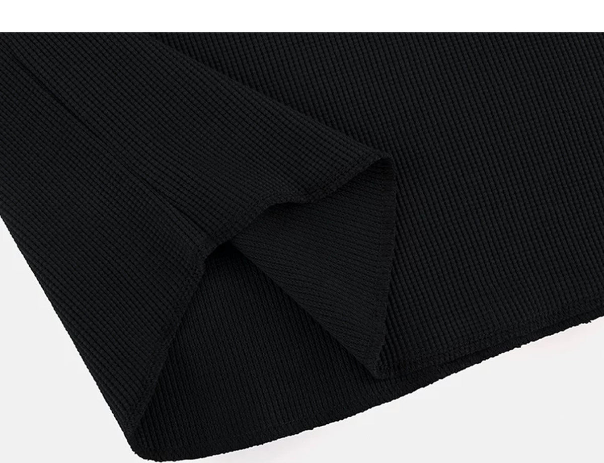 IDLT waffle henley, black folded hem.