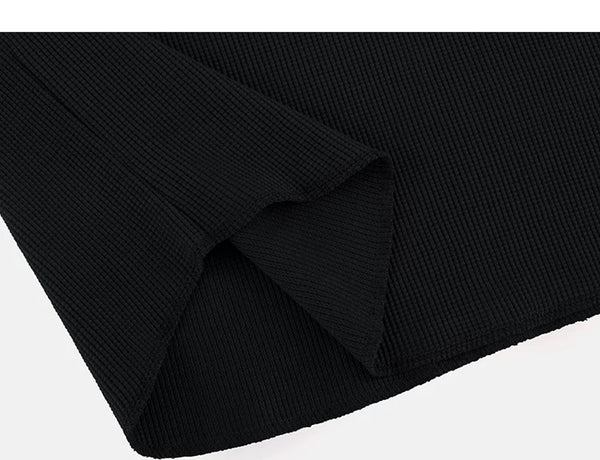 IDLT waffle henley, black folded hem.