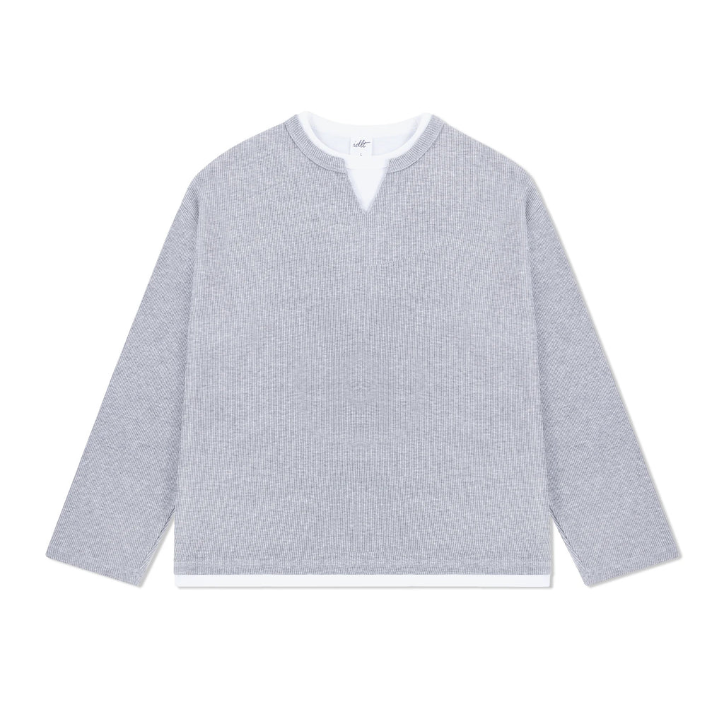 IDLT layered look waffle top, heather gray front.