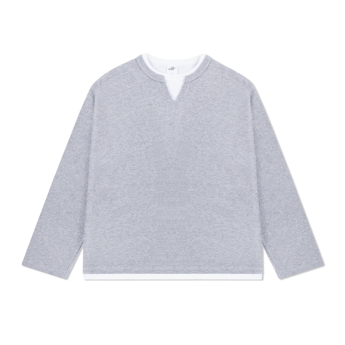 IDLT layered look waffle top, heather gray front.