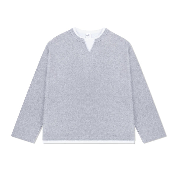 IDLT layered look waffle top, heather gray front.