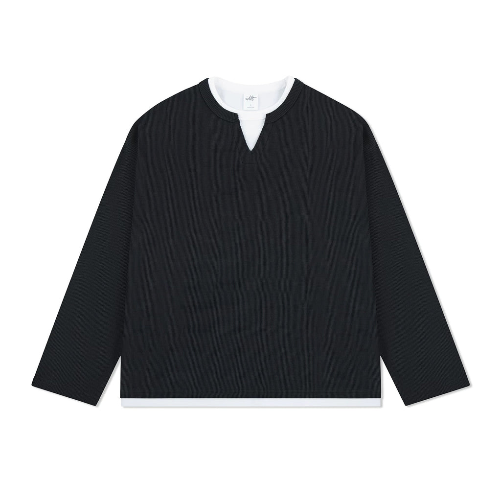 IDLT layered look waffle top, black front.
