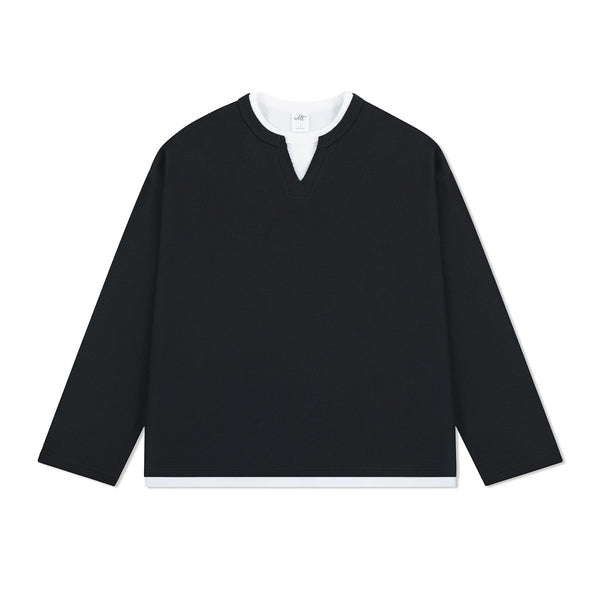 IDLT layered look waffle top, black front.