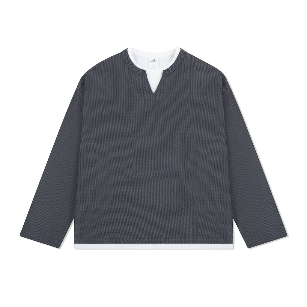 IDLT layered look waffle top, dark gray front.