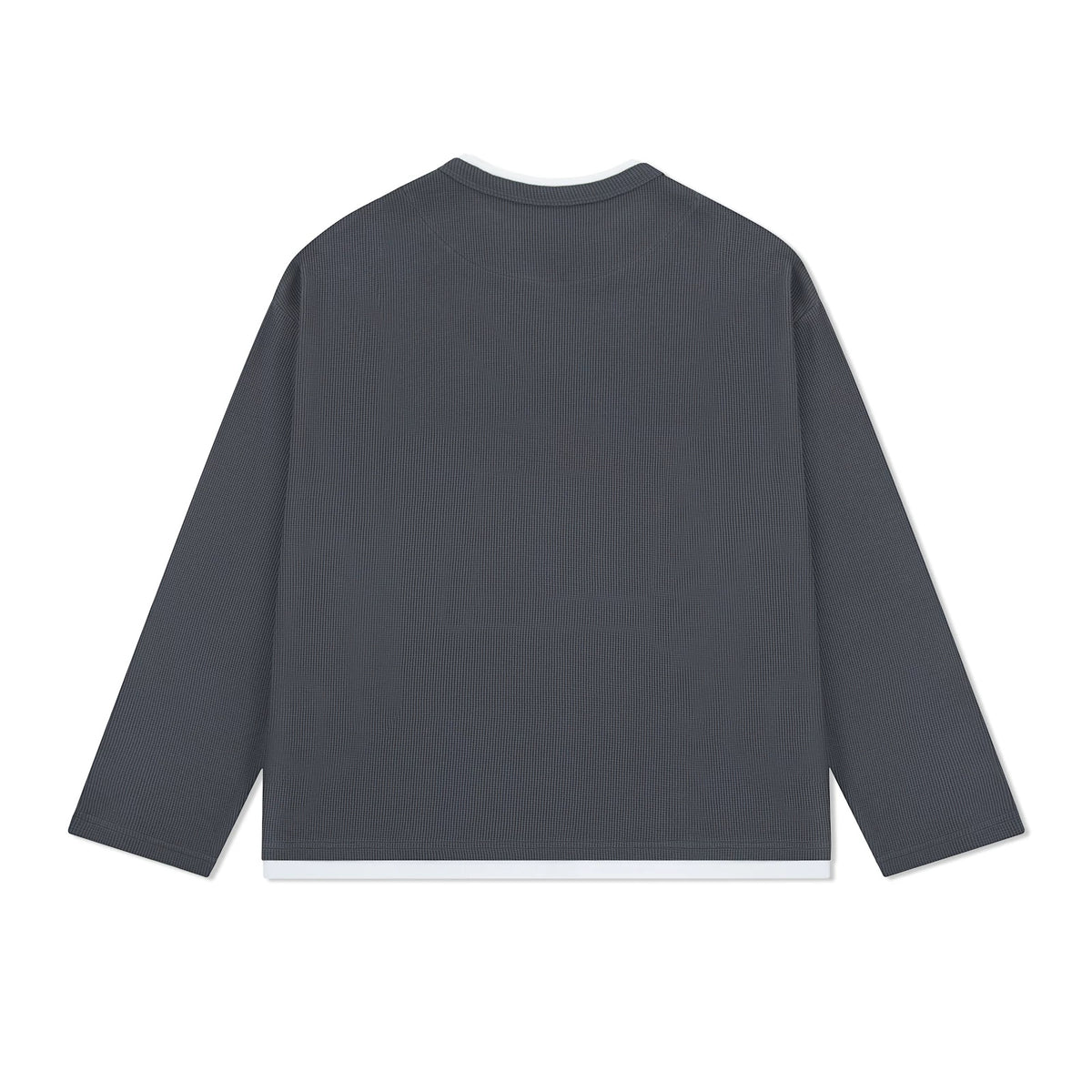 IDLT layered look waffle top, dark gray back laid flat.