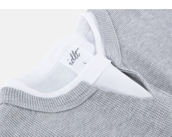 IDLT layered look waffle top, heather gray layered neckline.