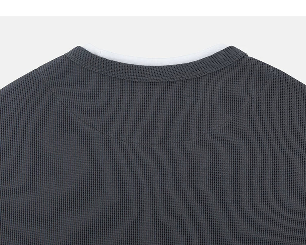 IDLT layered look waffle top, dark gray back neckline.