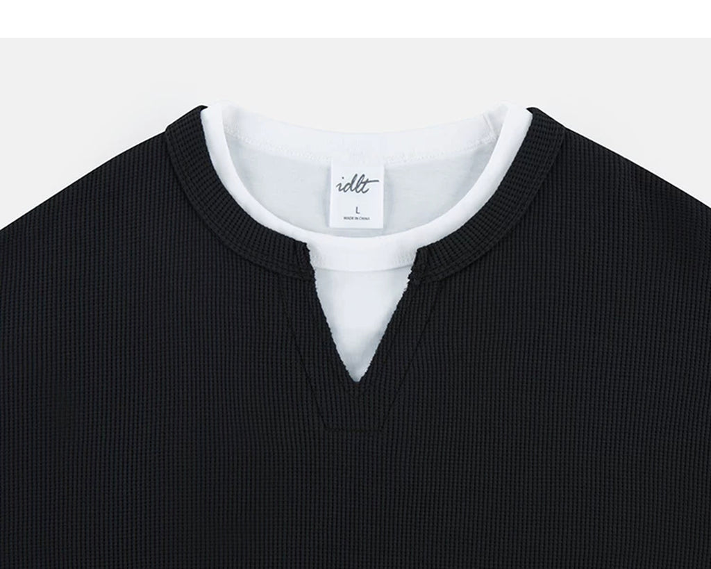 IDLT layered look waffle top, black layered neckline.