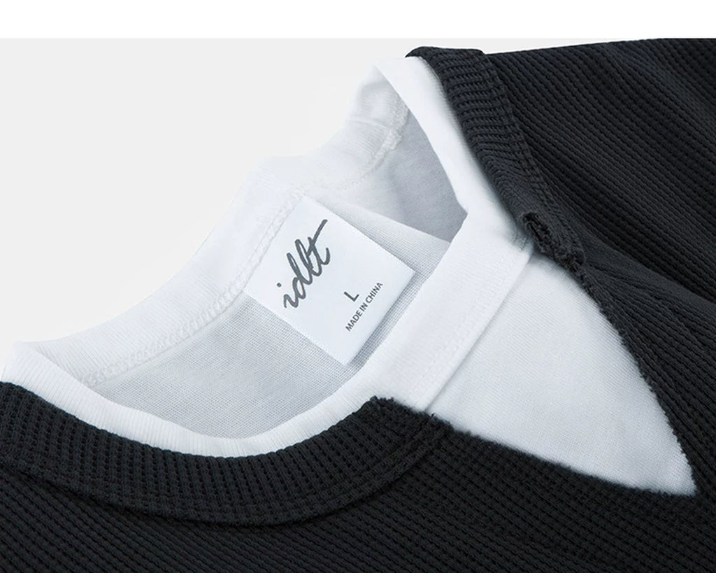 IDLT layered look waffle top, black neckline label.