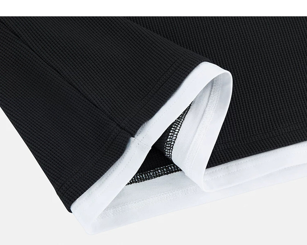 IDLT layered look waffle top, black folded layered hem.
