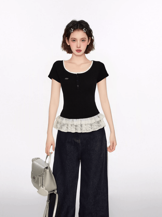 U - Neck Lace Trim Knit Crop Top - COPPING THREADS - CT Select Hover Image