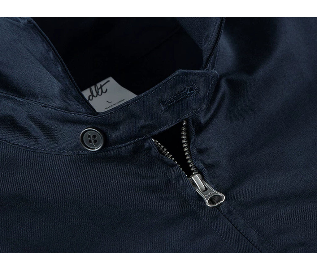 IDLT zip jacket, navy collar fastening tab.