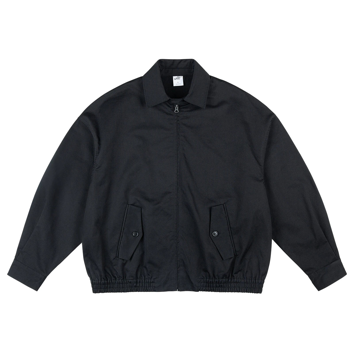 Boxy Harrington Jacket, black front view.