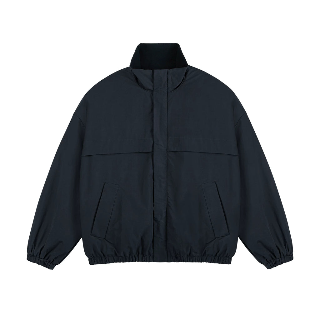 Fleece-Lined Stand-Collar Jacket, deep navy front view.