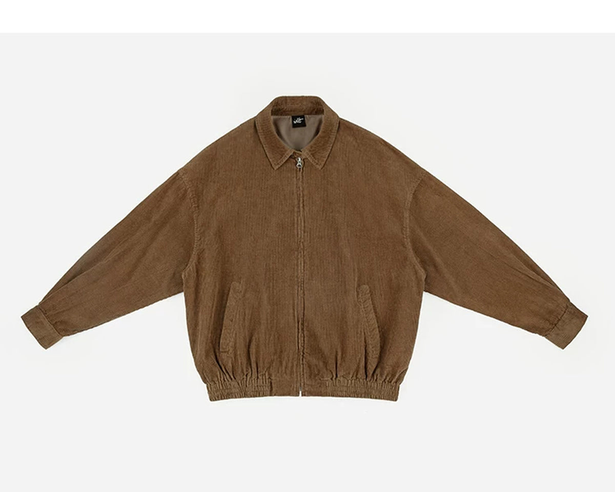 IDLT corduroy jacket, brown front with spread sleeves.