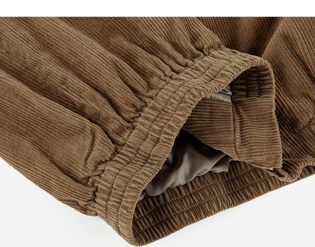 IDLT corduroy jacket, brown folded elastic hem.