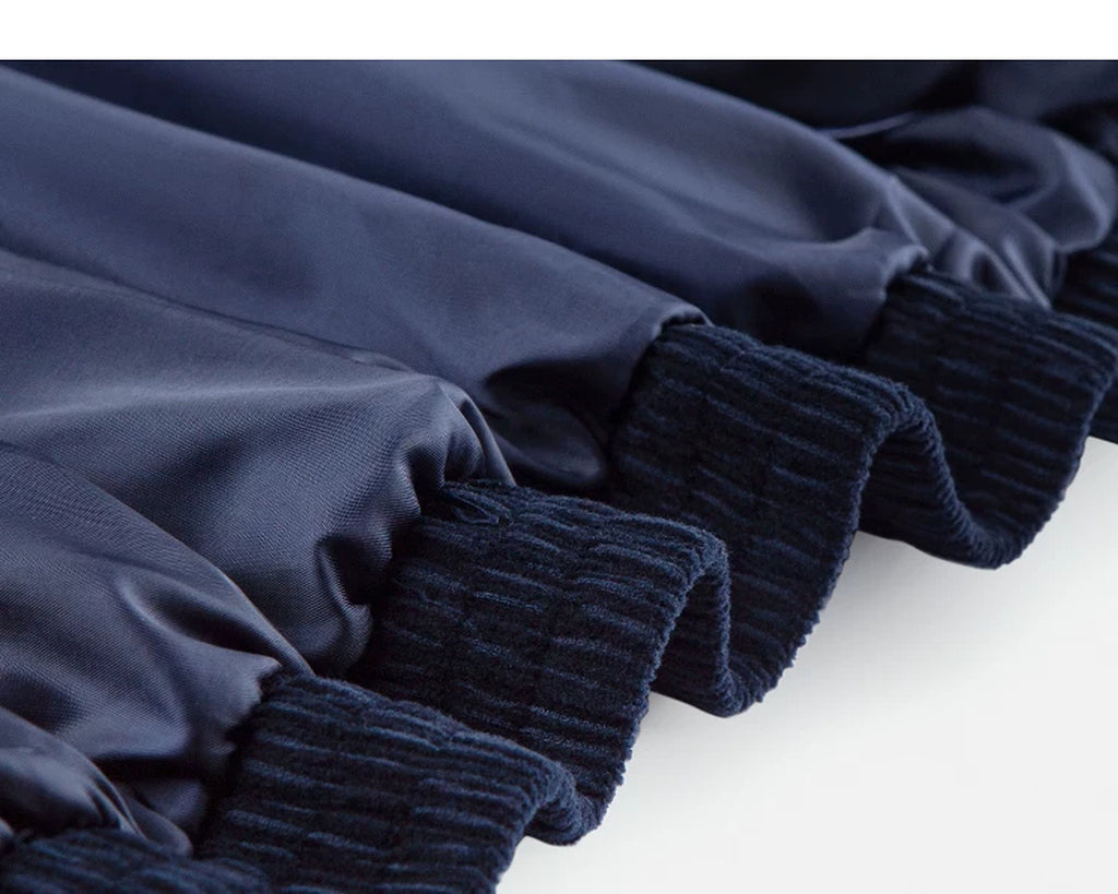 IDLT corduroy jacket, navy lining and gathered hem.