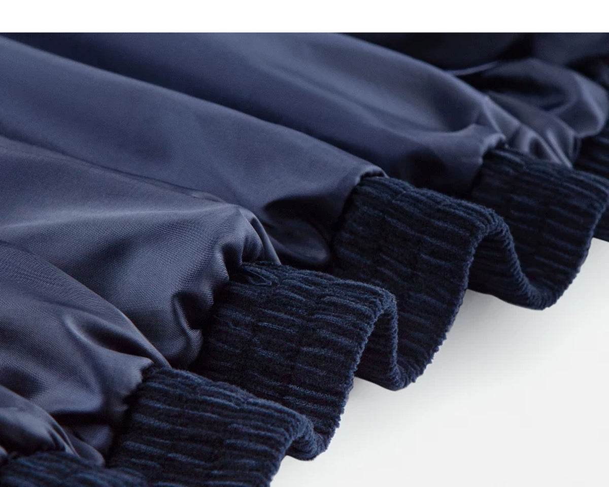 IDLT corduroy jacket, navy lining and gathered hem.