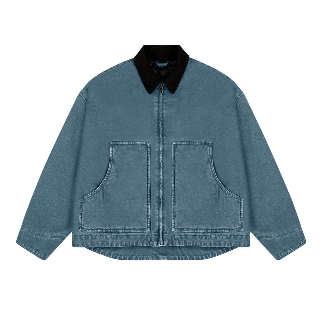 IDLT work jacket, blue front.