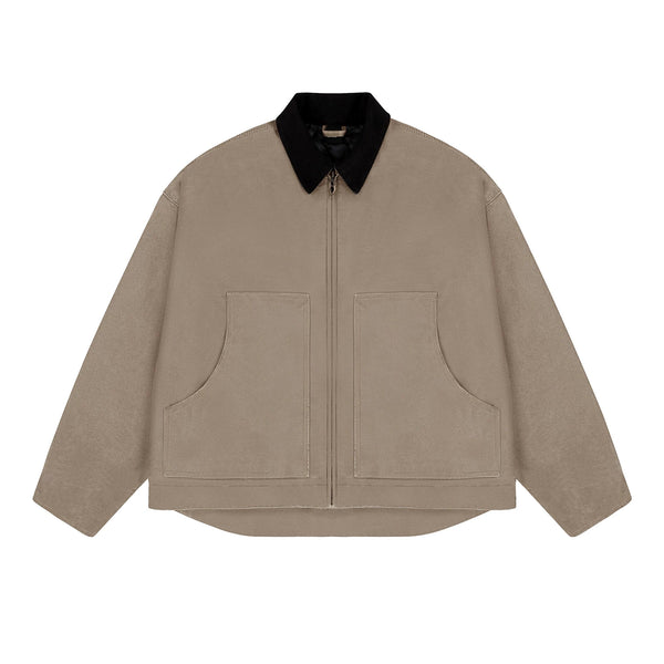 IDLT work jacket, tan front.