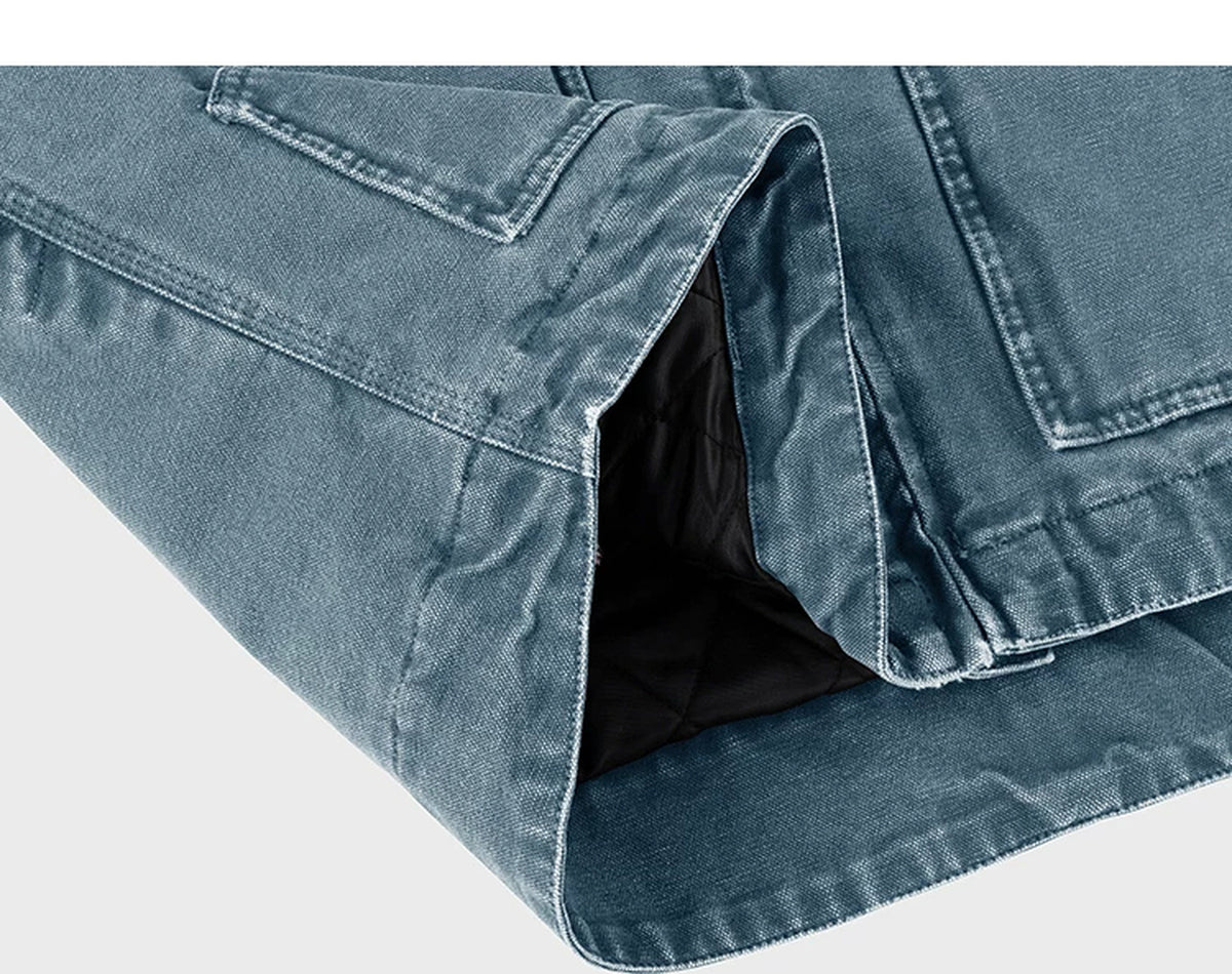 IDLT work jacket, blue folded hem.
