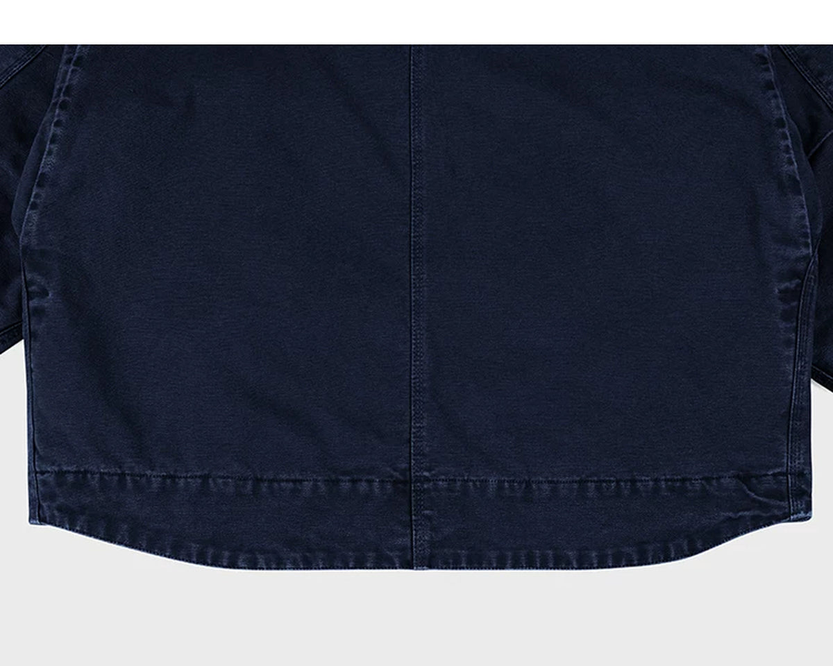 IDLT work jacket, navy curved back hem.