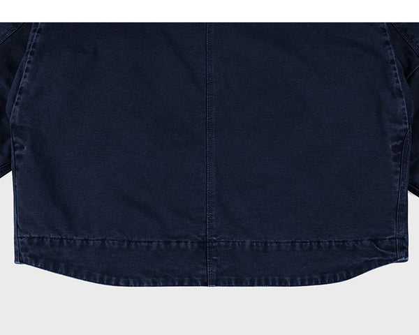 IDLT work jacket, navy curved back hem.