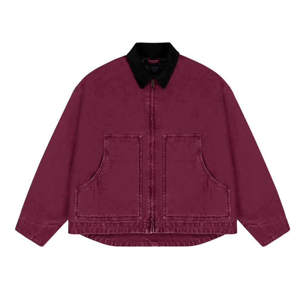 Garment-Dyed Boxy Work Jacket, berry red front view.
