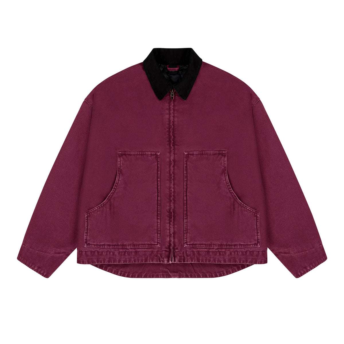 Garment-Dyed Boxy Work Jacket, berry red front view.