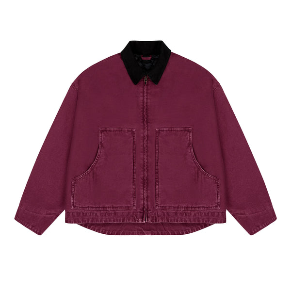 Garment-Dyed Boxy Work Jacket, berry red front view.