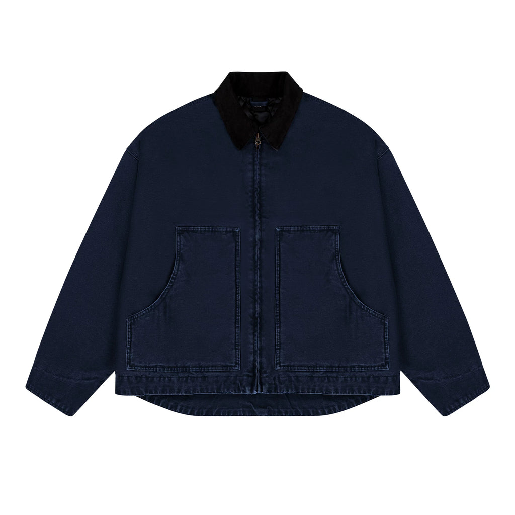 Garment-Dyed Boxy Work Jacket, dark blue front view.