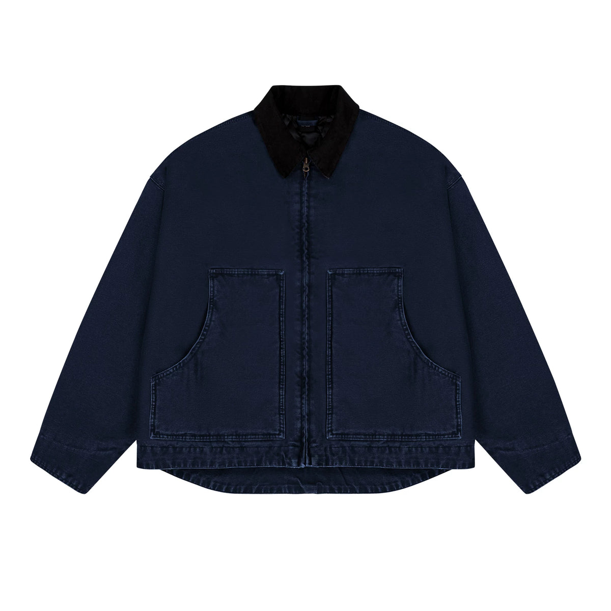 Garment-Dyed Boxy Work Jacket, dark blue front view.
