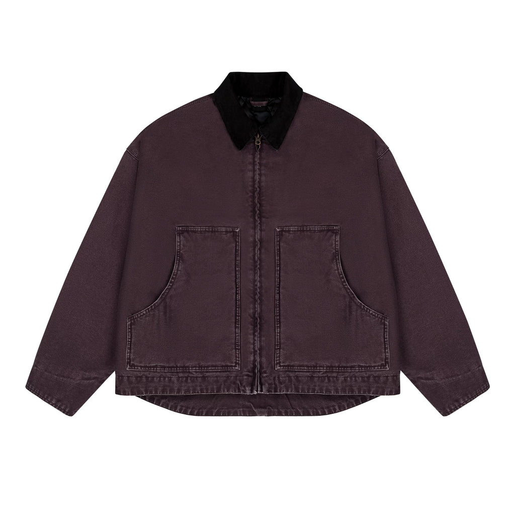 Garment-Dyed Boxy Work Jacket, grape purple front view.