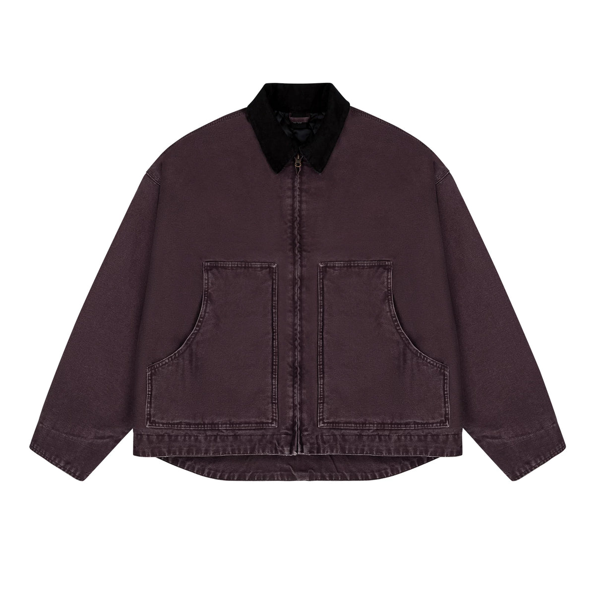 Garment-Dyed Boxy Work Jacket, grape purple front view.