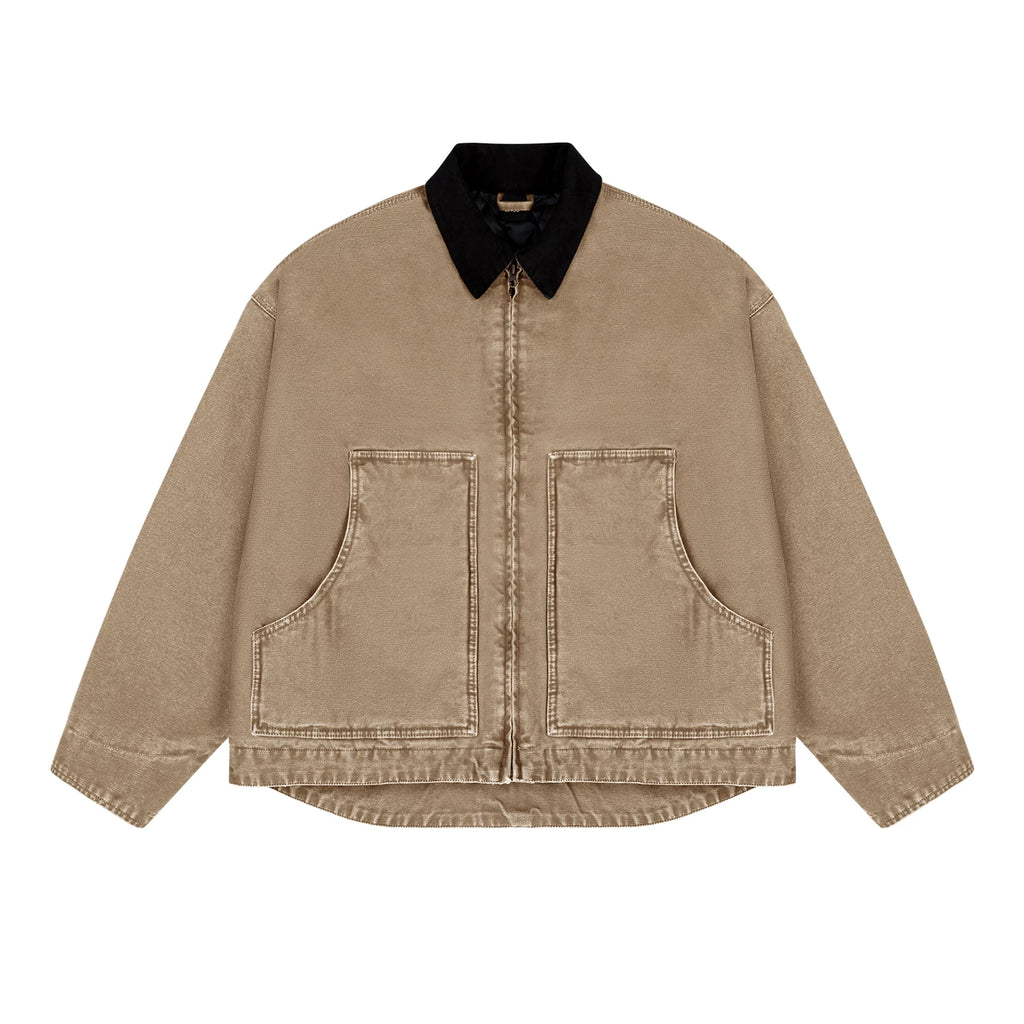 Garment-Dyed Boxy Work Jacket, khaki front view.
