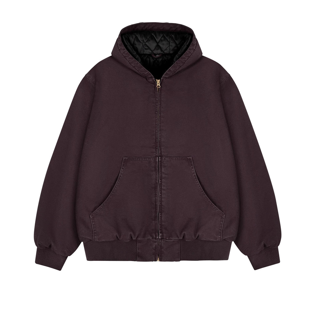 IDLT lined zip hoodie, burgundy front.