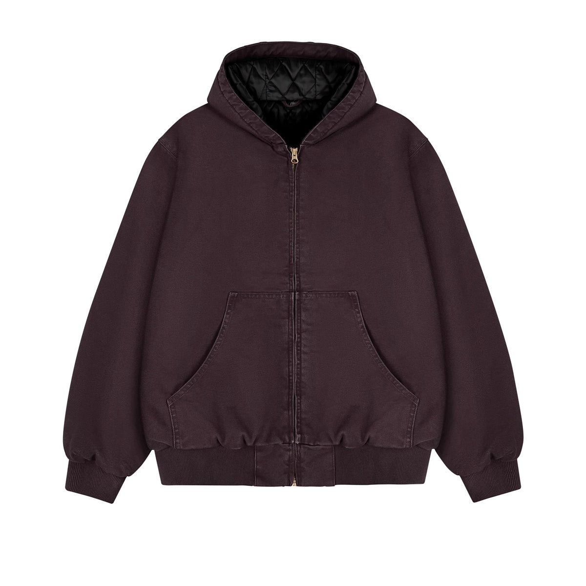 IDLT lined zip hoodie, burgundy front.