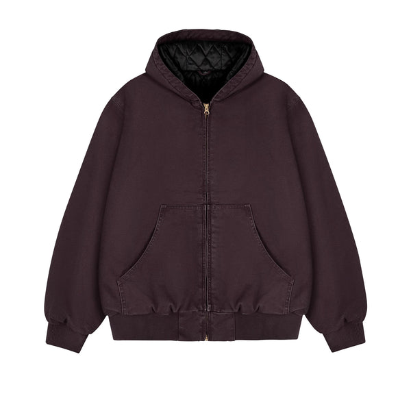 IDLT lined zip hoodie, burgundy front.