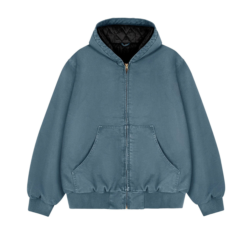 IDLT lined zip hoodie, blue front.