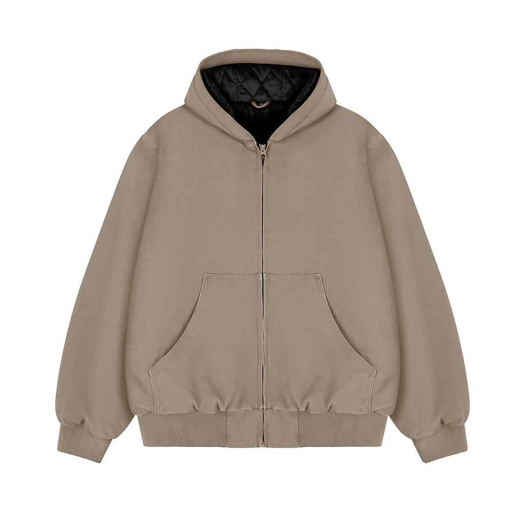 IDLT lined zip hoodie, tan front.