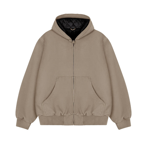 IDLT lined zip hoodie, tan front.