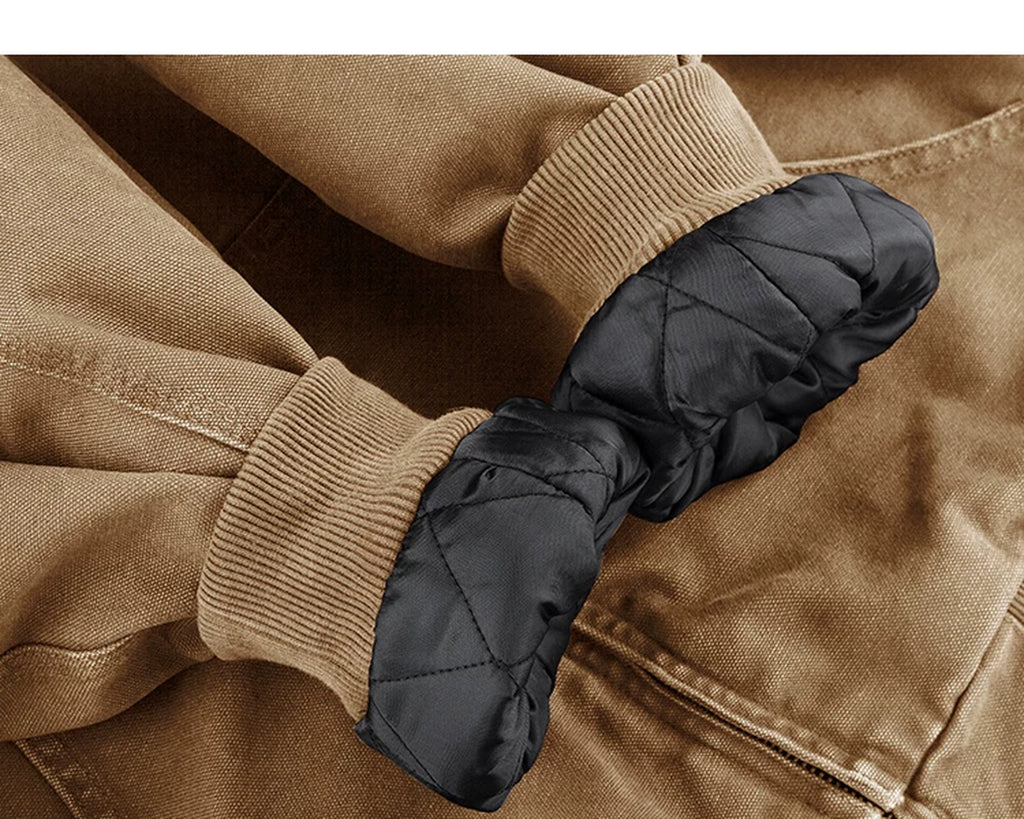 IDLT lined zip hoodie, tan quilted cuff lining.
