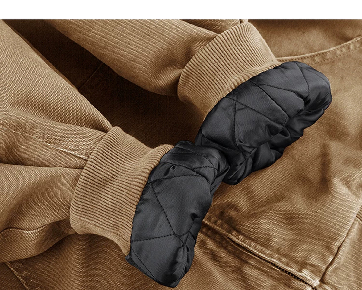IDLT lined zip hoodie, tan quilted cuff lining.