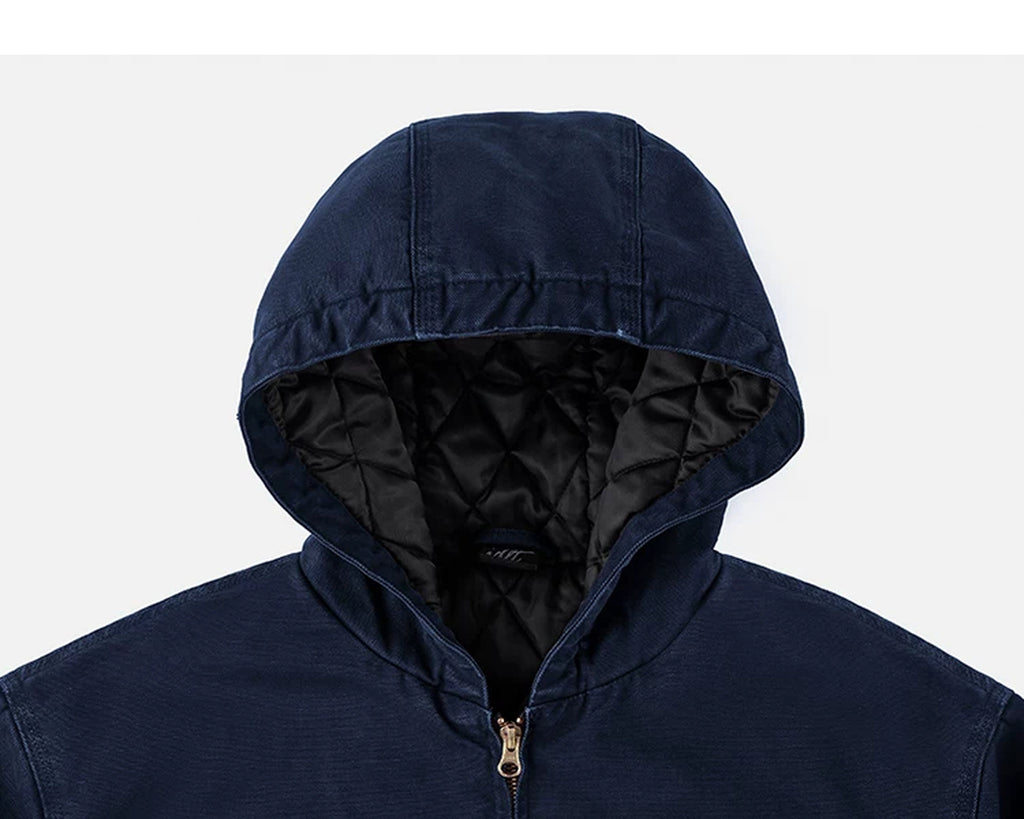 IDLT lined zip hoodie, navy hood.