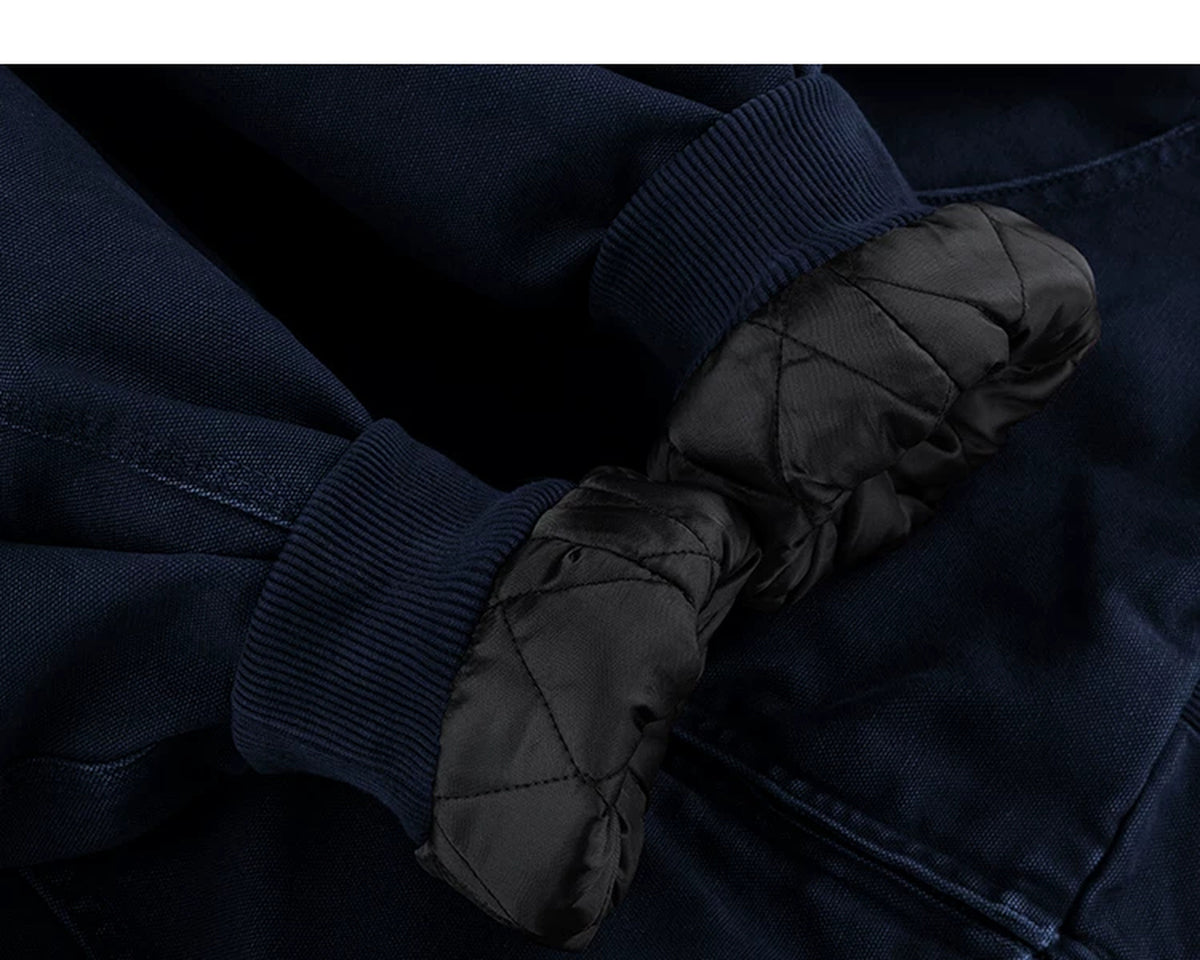 IDLT lined zip hoodie, navy quilted cuff lining.
