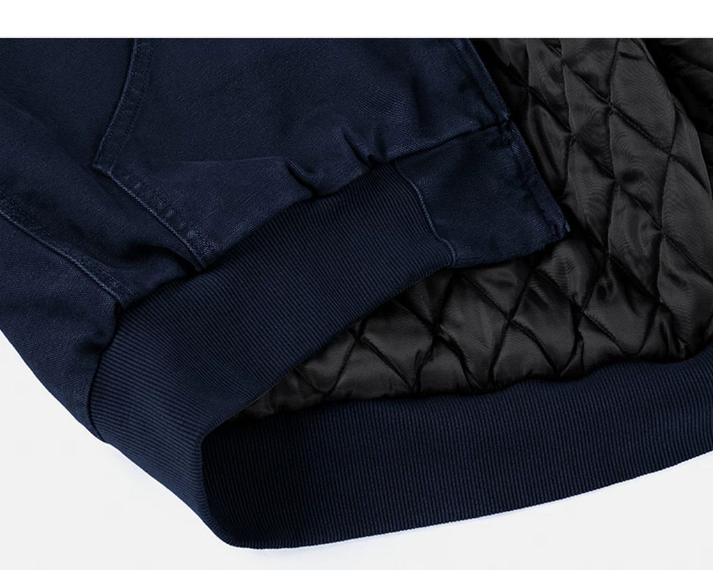IDLT lined zip hoodie, navy folded hem and lining.